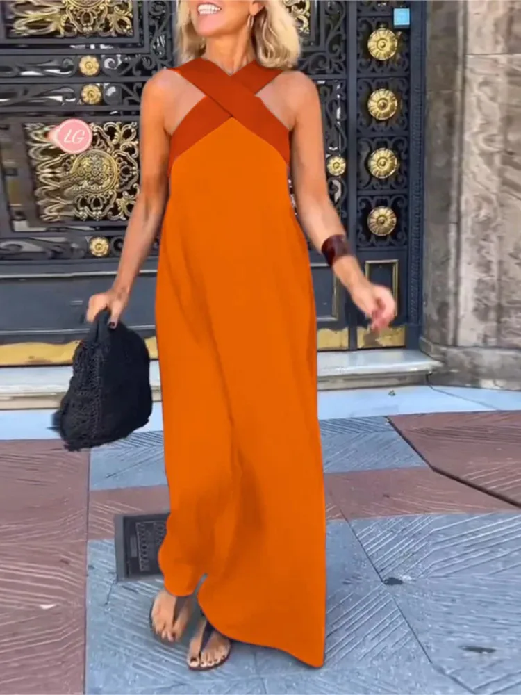 Summer Casual Loose Beach Dresses Fashion Off Shoulder Multi-color Holiday Dress 2025 New Women Halter Color Blocked Long Dress - Image 5