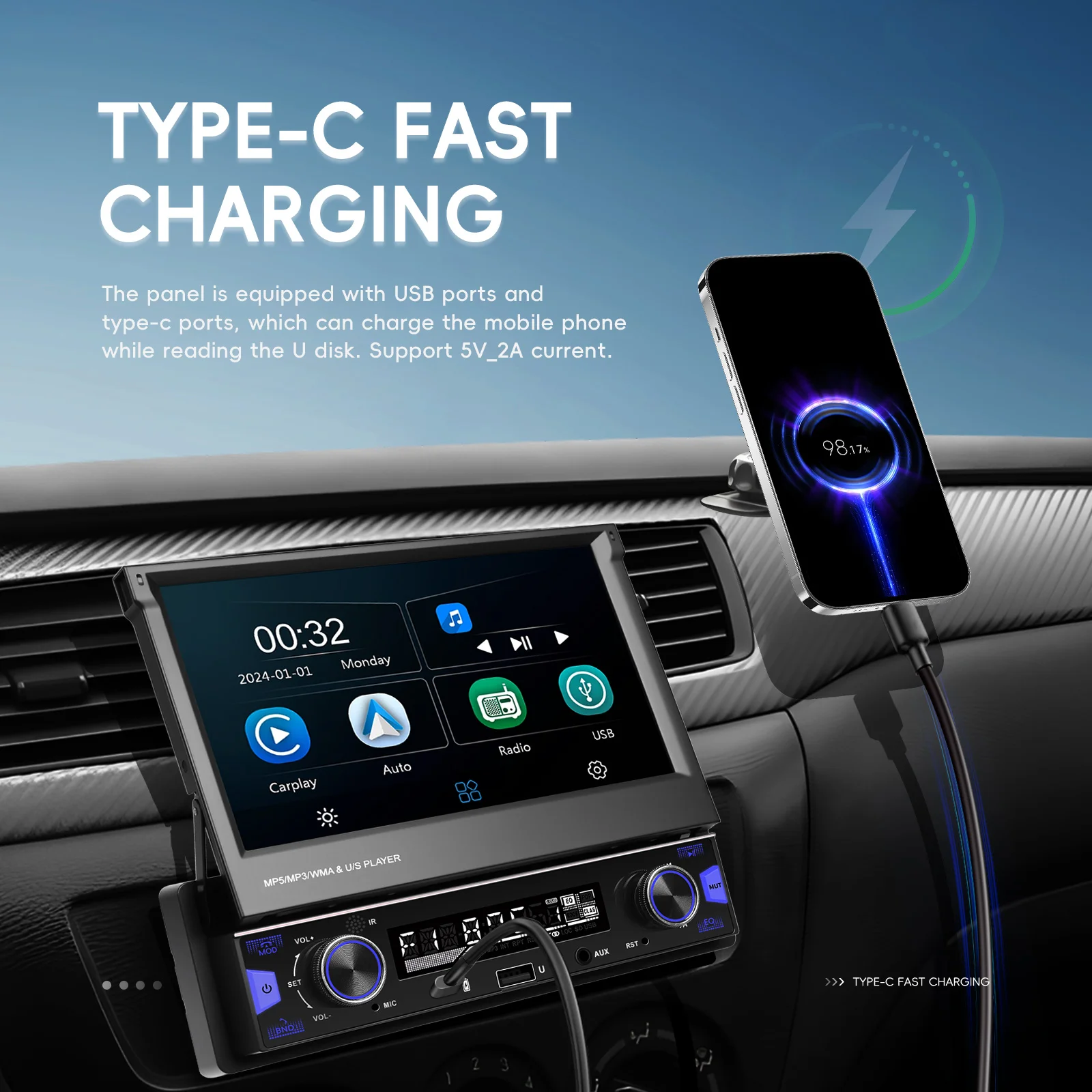 Hikity 7 بوصة One DIN سيارة الوسائط المتعددة MP5 راديو تلقائي يدعم CarPlay، Andriod مشغل صوت تلقائي شاشة لمس قابلة للسحب BT، FM