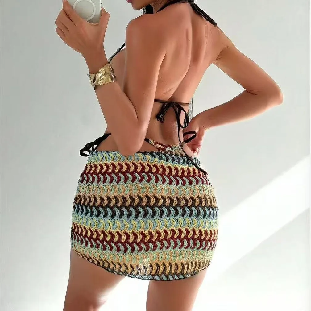 2026 New Wavy Knitted Bikini Three-piece Beach Vacation Neck Strap  Swimsuit Women  Bathing Suit Women Swimwear