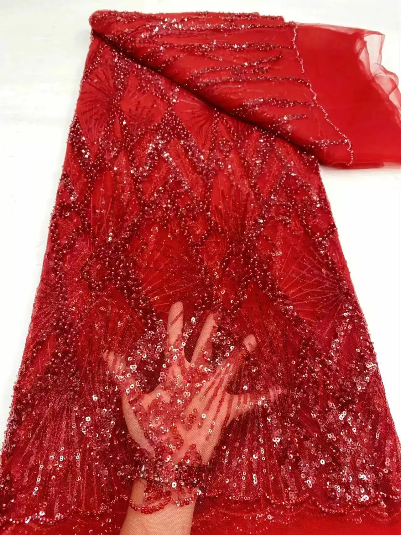 Red French Groom Lace Fabric 2024 High Quality African Nigerian Mesh Sequins Lace Fabric For Women Wedding Party Dresses Sewing