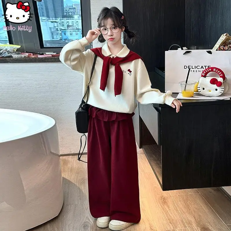 

Korean Hello Kitty Girls Anime Shawl Sweater Lace Wide Legs Pants Set Kawaii Cartoon Spring Autumn New Sanrio Base Straight Pant