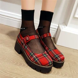 YQBTDL Nylon Leather Vintage Platform Plaid Mary Janes Pumps Women 2021 Four-Seasons High Heel Round Toe Goth Shoes Student New