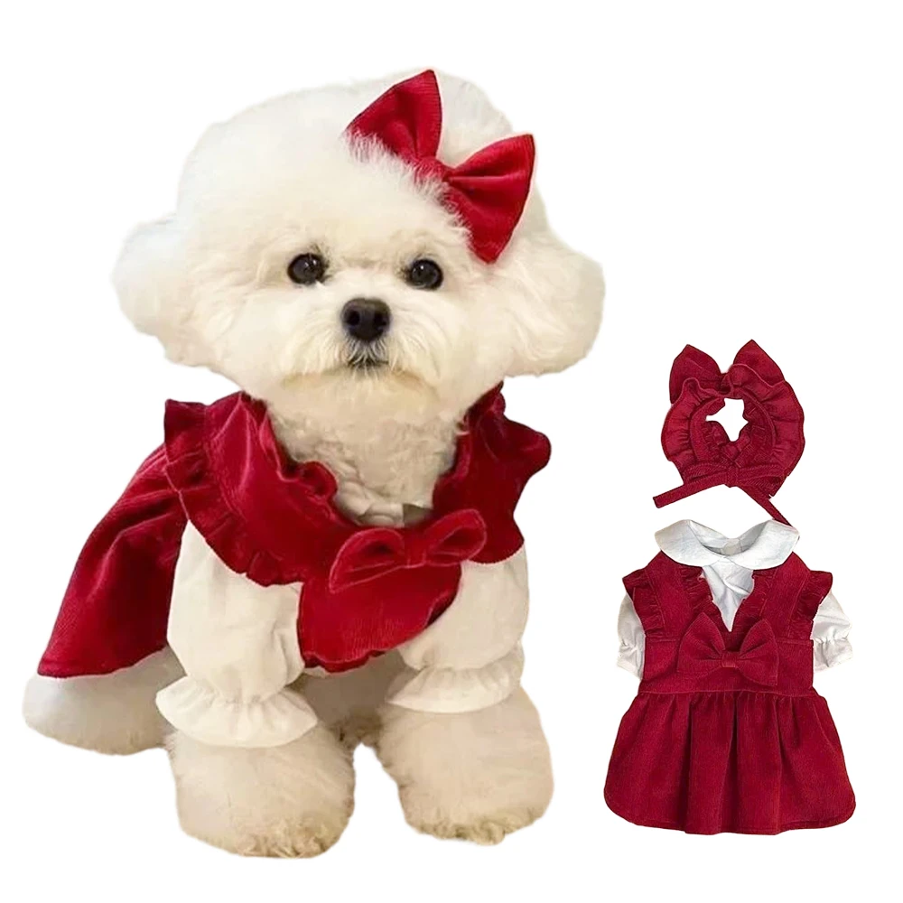 

Winter Christmas Pet Dress Bowknot Small Medium Dogs Cats Princess Skirt Outfit Set Hair Clip Autumn Party Clothes Pet Supplies