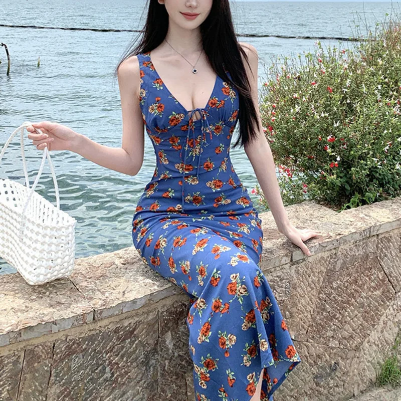 HKSH Summer New Women Chic Fashion Vacation Style Sweet V-neck Waist-cinching Slimming Sleeveless Floral Strap Long Dress HK5861