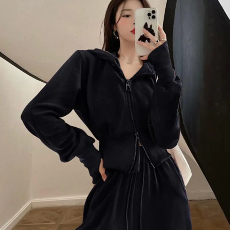 Thick fried street double zipper sweatshirt sports set 2024 Korean version loose casual fashion autumn two-piece set for women