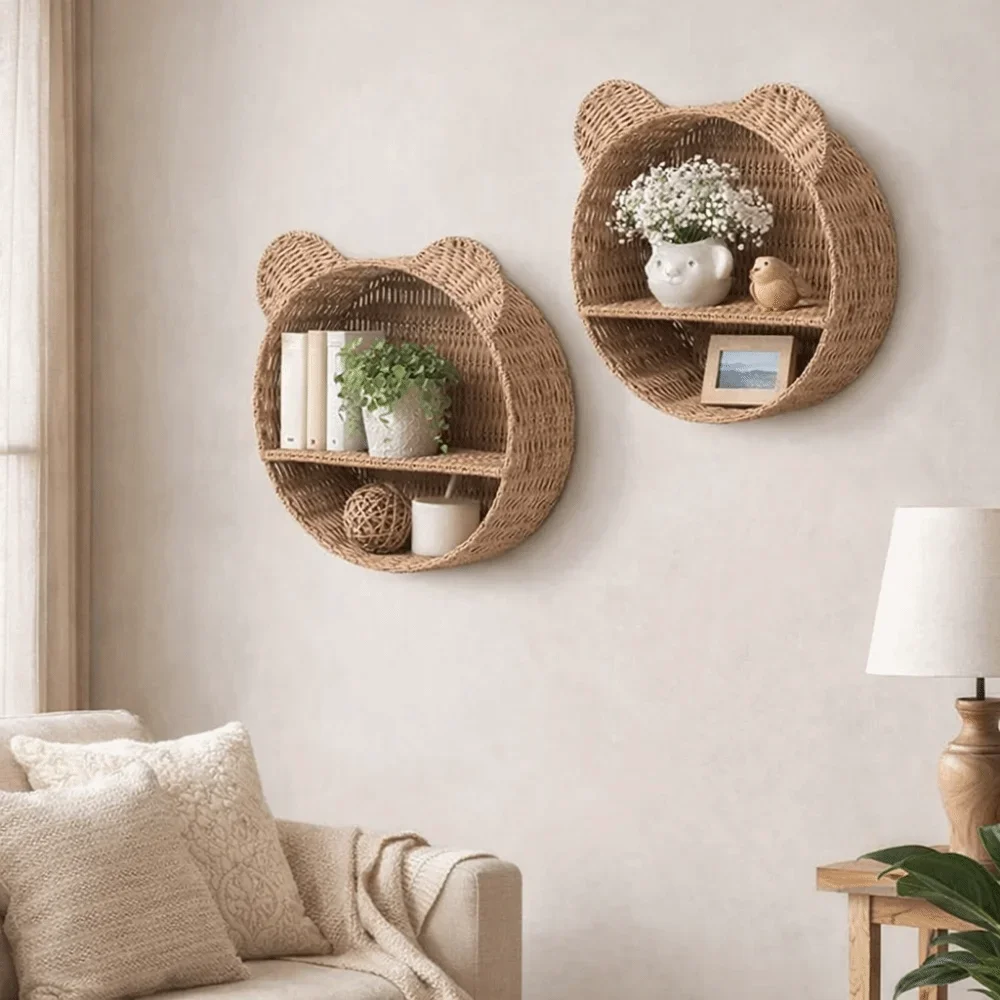 2 Tier Bear Ear Wall Mounting Shelf Cute Handmade Imitation Rattan Storage Rack Decorative Hanging Storage Basket Living Room