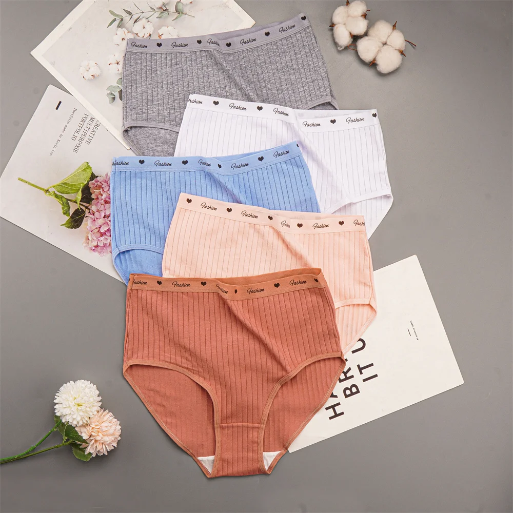 5Pcs High Waist Solid Color Anti-Roll Down Panties Women Plus Size Ribbed Cotton Stretchy Comfortable Female Underwear S-XL