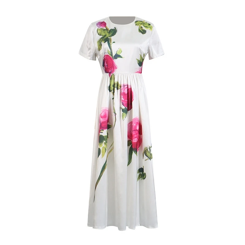 Vintage floral impressão vestidos longos feminino verão vintage retro manga curta plissado cetim midi festa de noite vestidos