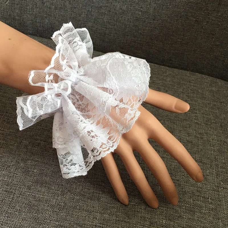 Lolita-Puños de muñeca con volantes de encaje desmontable para niñas puños falsos elásticos blancos y negros accesorios de Cosplay