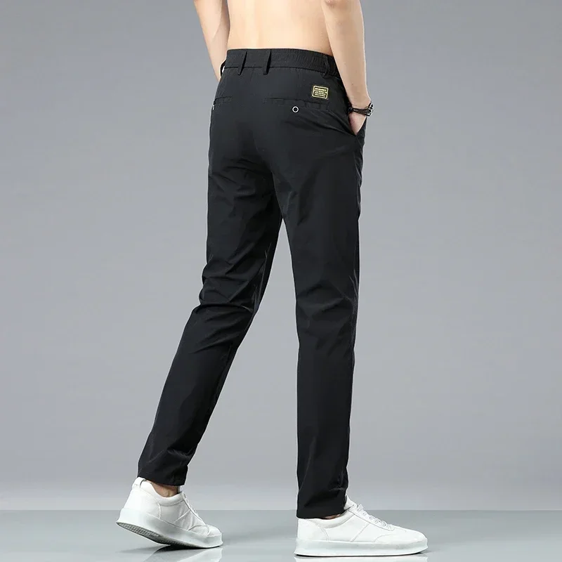 Summer Ice Silk Stretch Casual Pants Men Thin Soft Fashion Business Elastic Korean Slim Male Clothes Trousers Gray Black Green