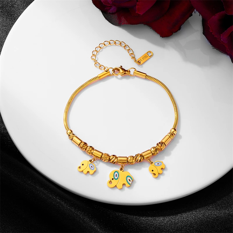316L Stainless Steel New Fashion Fine Jewelry Carved Beads Spray Paint Hanging 3 Elephants Charm Thick Chain Bracelets For Women