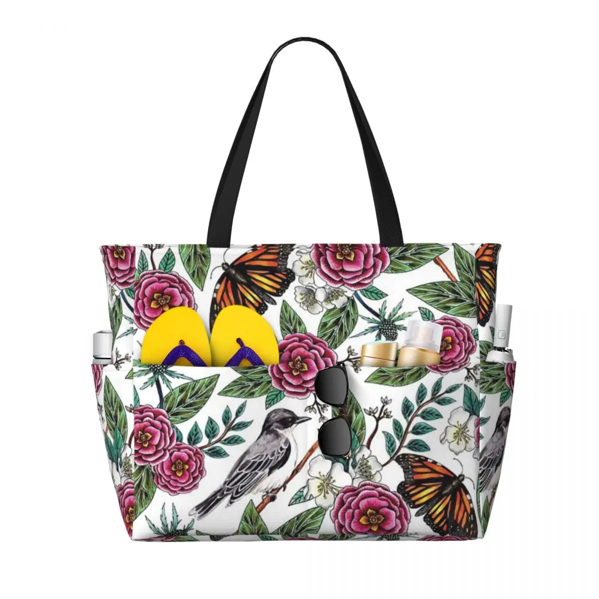 

Birds & Butterflies Pink & Green Floral Beach Travel Bag, Tote Bag Popular Shopping Gifts Birthday Gift Multi-Style Pattern