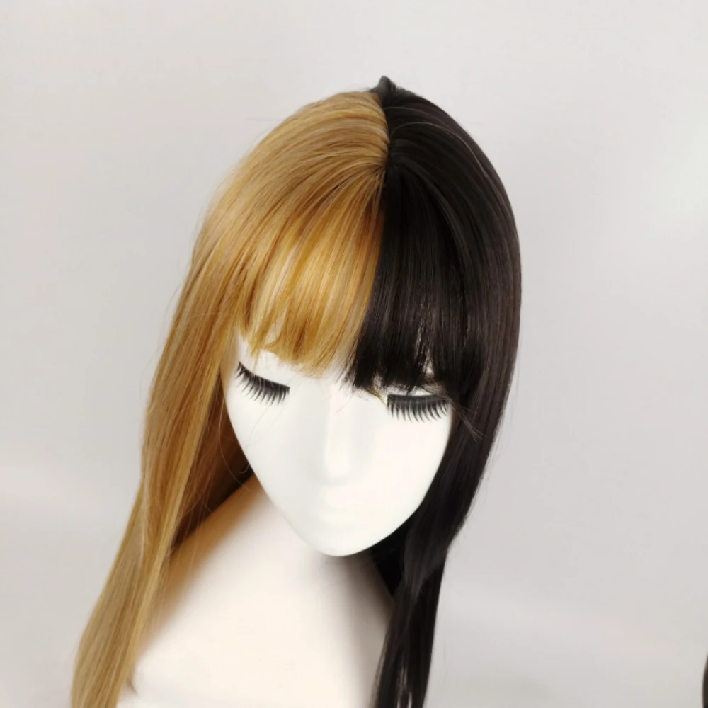 Perruque Synthétique Longue et Lisse Noire et Blanche avec Frange, Degré de Chaleur, Cosplay, pour Femme