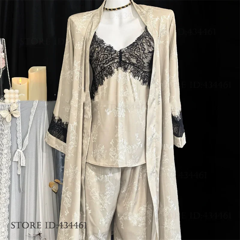 Print Floral Female 3PCS Pajamas Set Loungewear Sexy Patchwork Lace Bathrobe Kimono Gown Pijamas Suit Loose Casual Homewear