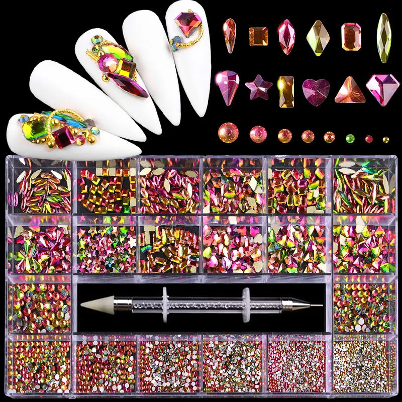 2800 teile/schachtel Luxus Strass Nail art Schmuck Set Glas Nagel Kristalle Box 3D Flache Glas Geformt Diamant Nägel Dekoration Edelstein – Detail 15