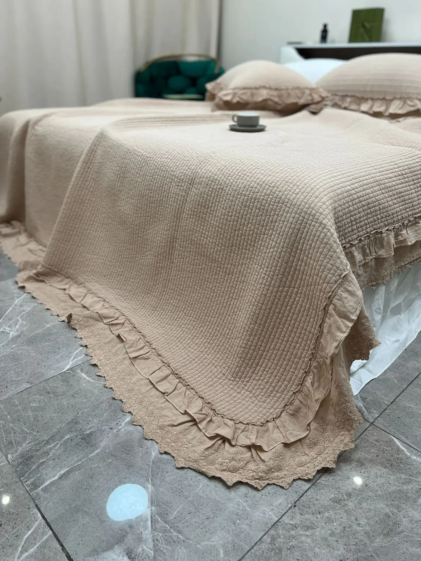 Enzyme Washed 100% Cotton Quilt Set 3pcs, Double Layer Lace Ruffles Bedspread, Solid Color Quilted Duvet Cover, French Bedding