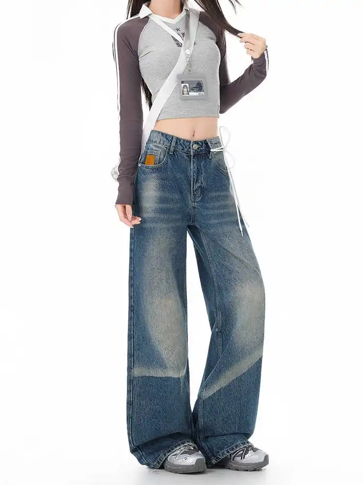 Preto de cintura alta calças de brim femininas vintage em linha reta casual baggy punk hip hop y2k rua americana perna larga calças jeans femininas
