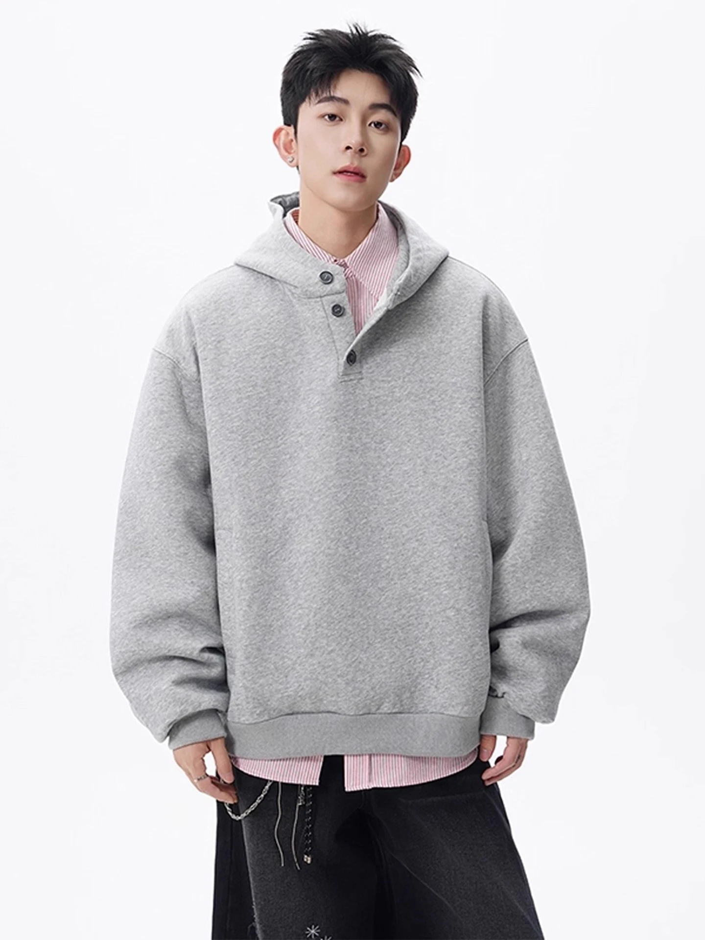 

Heavyweight 420G Men's Hoodie Sweatirt Casual Henry Collar Hardwearing Polyester Fiber Long Sve ey Loose Fit Streetwear