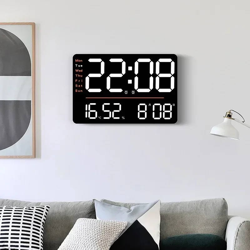 Large LED Wall Clock with Temp Humidity Date Time Week Display Multifunctional Electronic Alarm Clock for Home Living Room