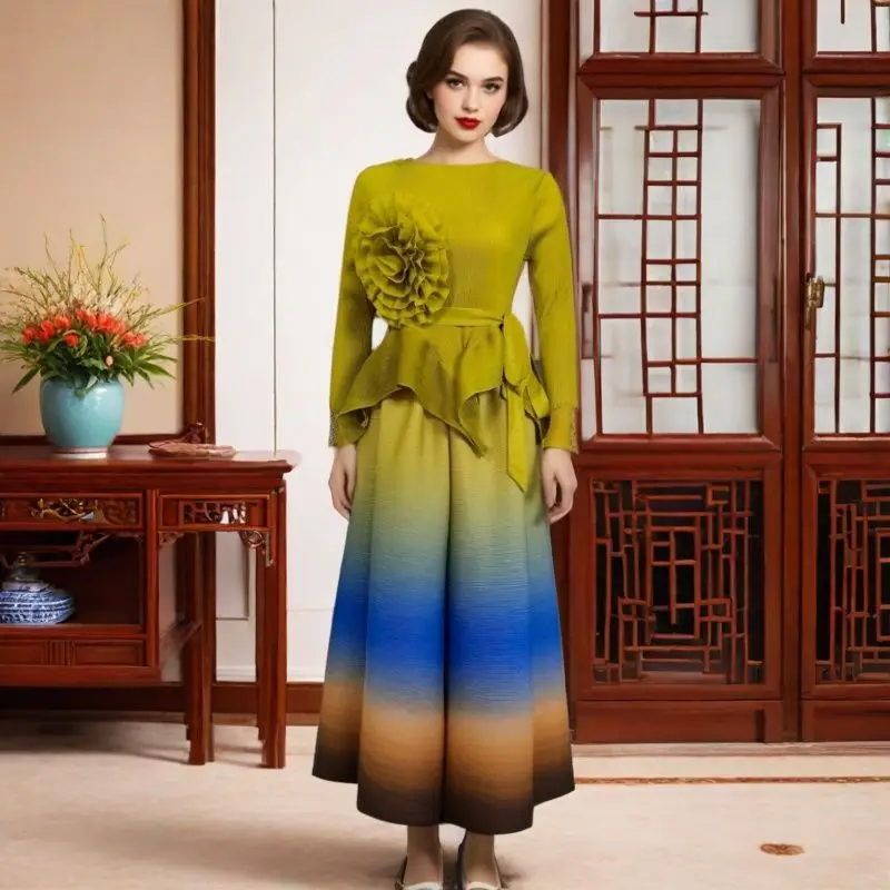 

Miyake Miyaki Two-Piece Skirt Suit Pleated Pleated Plus Size Women's Suit Long-Sleeved Slimming Look Asymmetrical European and American Fashion Elegant Elegant Lady Casual Travel Home