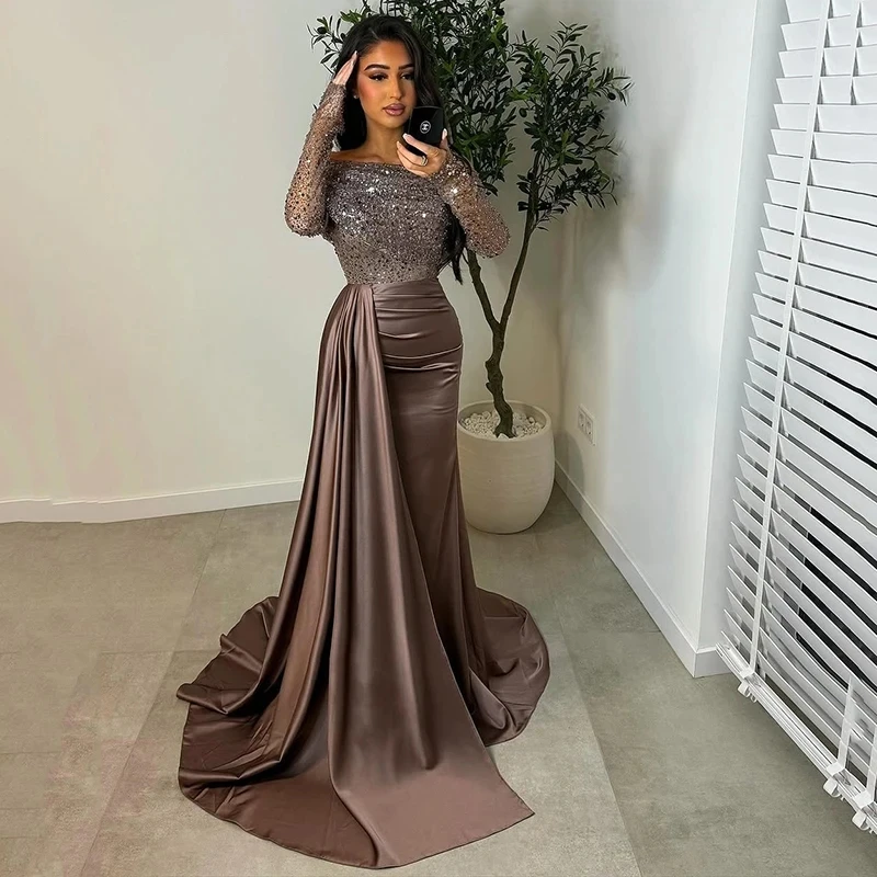 

2025 Sexy Brown Prom Party Dress Sequines Beads Long Sleeves Mermaid Evening Formal Gowns Saudi Arabia Robe De Soiree