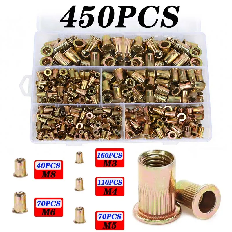 450Pcs Color Zinc Rivet Nut Assortment (M3 M4 M5 M6 M8) Suitable for Furniture, Decoration, Automotive, Marine, and Industrial Applications