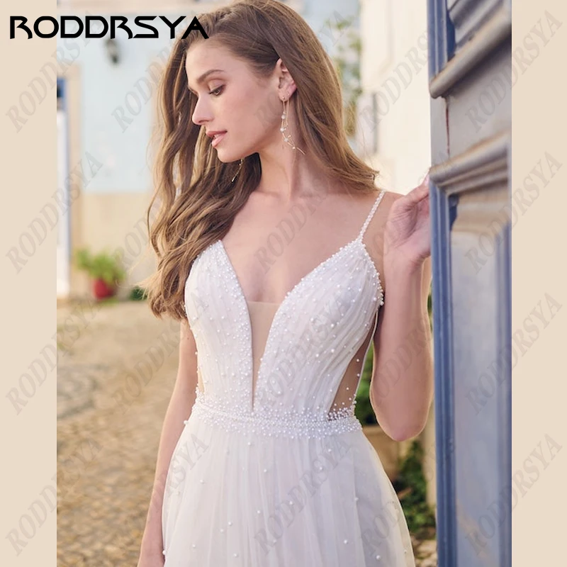 RODDRSYA-Robes de mariée en tulle romantique pour femmes, col en V, fibrobride sexy, fête A-ligne, bretelles spaghetti, patients de plage, quoi que ce soit Robes de mariée en tulle romantique pour femmes, col en V, fib