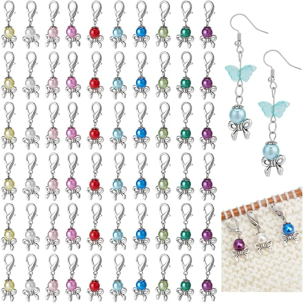 60 Pcs Imitation Pearl Stitch Markers  Style Bowknot Crochet Stitch Marker Charms Locking Stitch Marker for Knitting Weaving