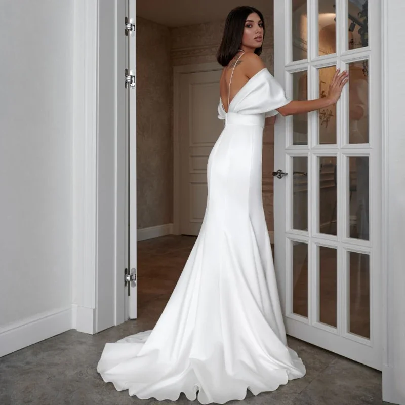 Customized White Mermaid Wedding Dresses Elegant Off The Shoulder Satin Evening Dress Made To Measures Robe De Marie