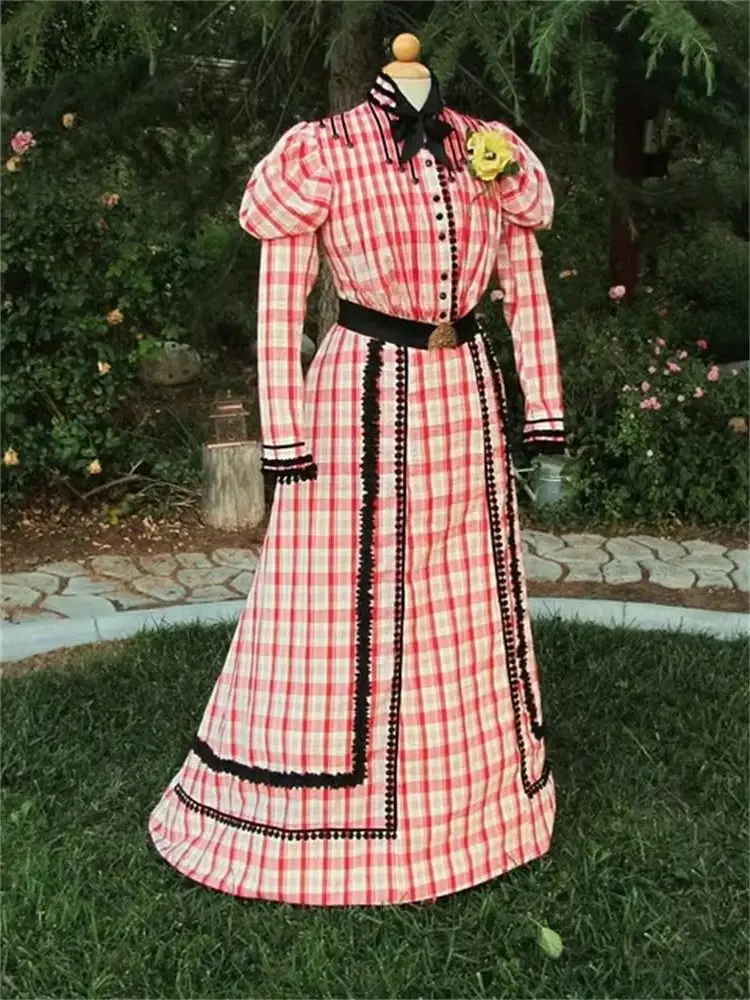 

1890's Victorian Pink Plaid Women Dress Renaissance Historical Lady Clothing Vintage Royal Court Dress