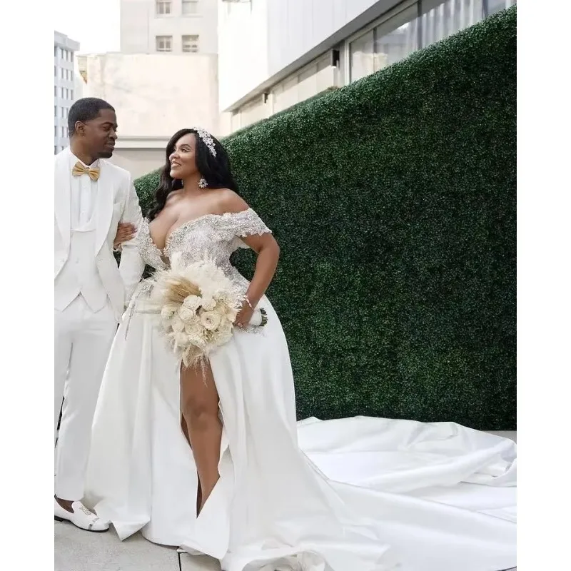 Vestidos de novia de sirena de talla grande personalizados, vestidos de fiesta nupcial con abertura frontal de encaje y hombros descubiertos, vestido de novia