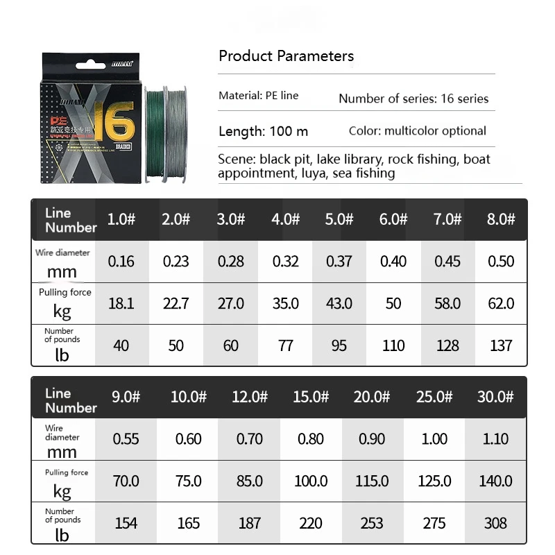 초강력 154 165 220 275, 16 가닥 꼰 낚싯줄, 308LBS X 와이어 코어, 100M-500M 멀티필라멘트, 0.16mm-1.1mm