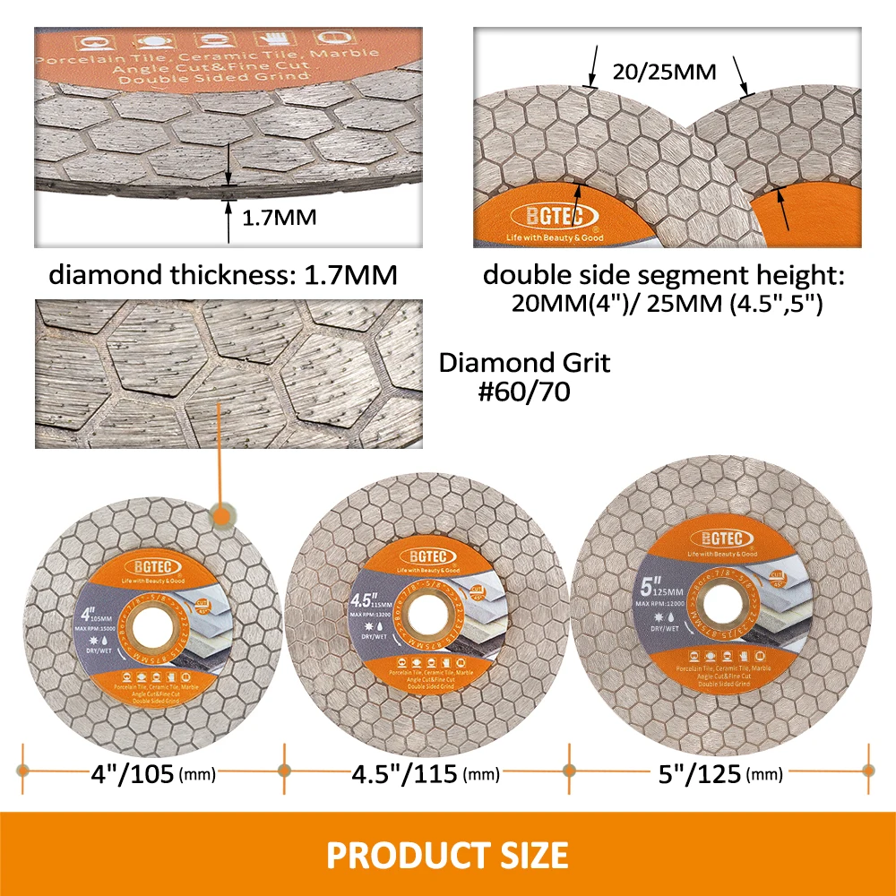 BGTEC 2 pz 100/115/125mm disco da taglio diamantato piastra per piastrelle abrasiva bifacciale marmo granito porcellana muratura lama per sega Cutter