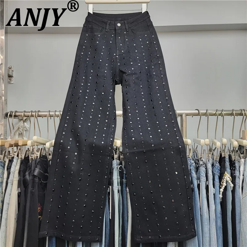 

ANJY Autumn New Women Dark Techwear Jeans Heavy Craft Studded Diamonds Straight Slimming Streetwear Trendy Ins Denim Pants A9340