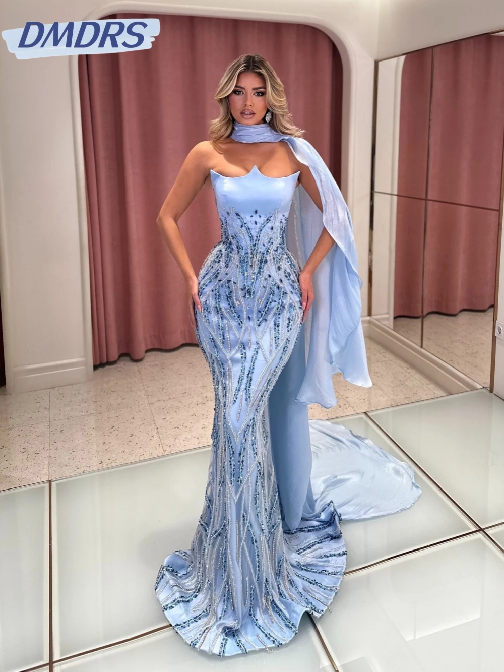 

Blue Embroidery Beaded Lace Evening Dress Luxury shiny Mermaid Long Wedding Party Gown Customized Strapless Prom Dresses