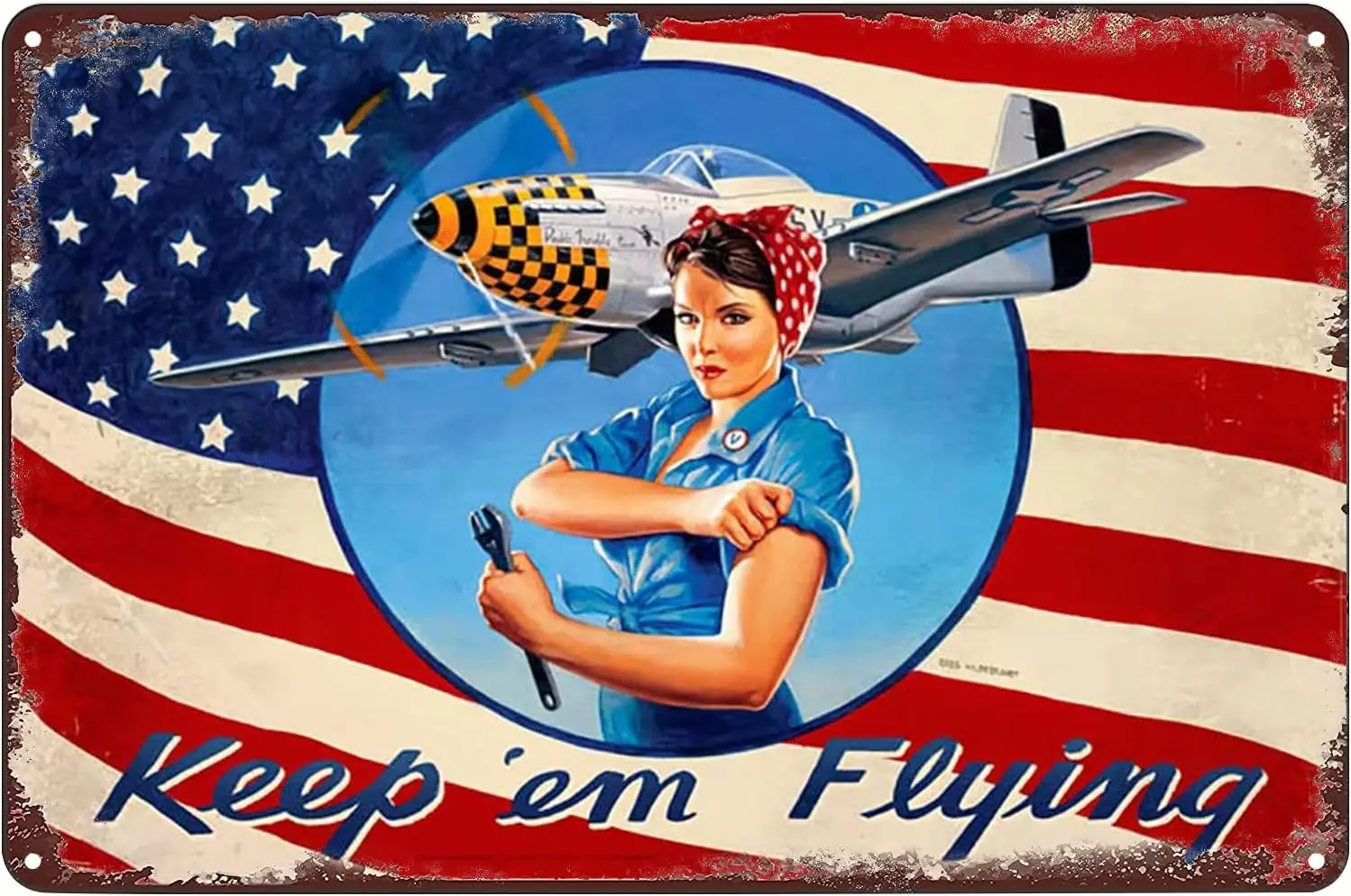 Vintage Metal Signs - Rosie Riveter Poster Keep em Flying Patriotic WWII Tin Sign Wall Art Decor Plaque for Home Bar Pub Club Ca