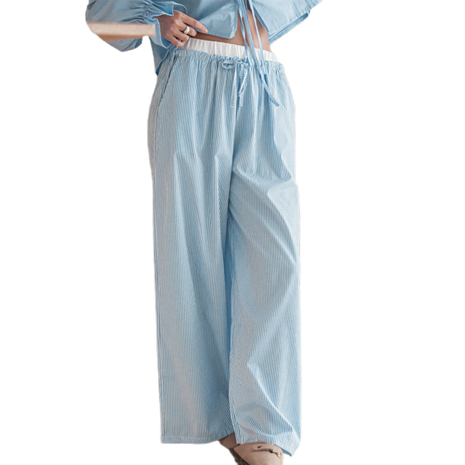 

Women Casual Stripe Print Elastic Drawstring Trousers 2024 New Summer Female Loose Wide Leg Pants with Pockets for Streetwear