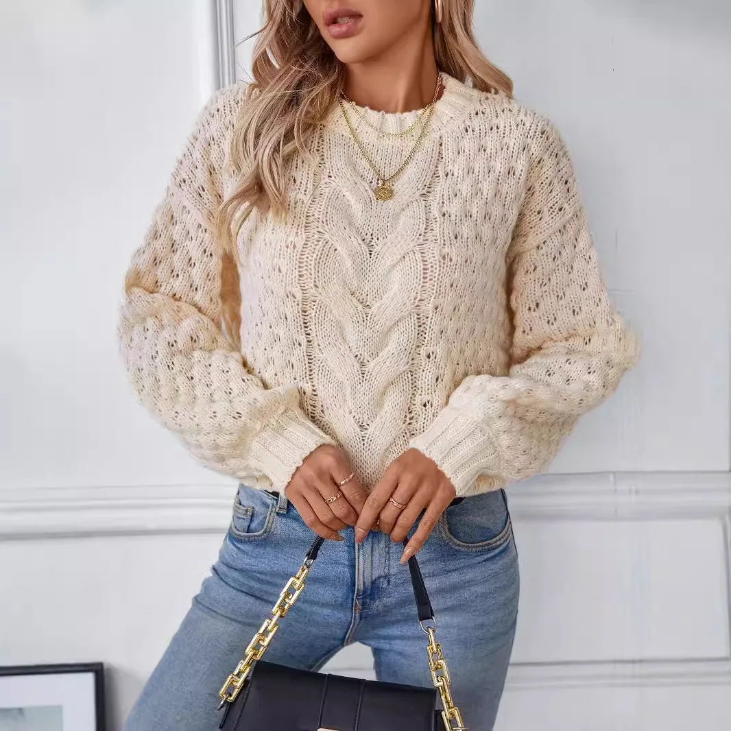 2024 Autumn Winter Women's Knitted Tops Female Hollow Out Pullovers Sweater Lady Retro O-neck Knitwears Women's Clothing