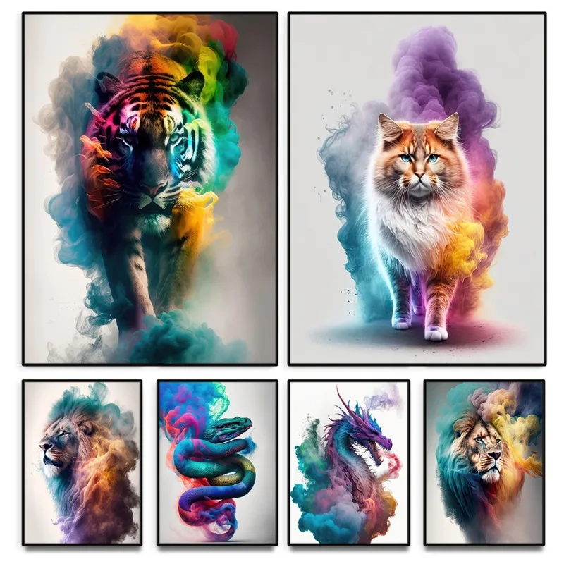 Póster colorido de animales brumosos, pintura en lienzo de dragón, gato, Tigre, León, impresión, imagen artística de pared moderna para decoración del hogar y la sala de estar