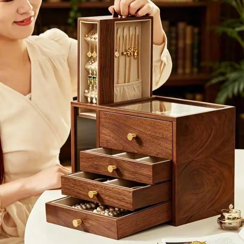 Walnut Jewelry Storage Box Glass Top Drawer Necklace Earring Organizer with Hanging Display Cabinet