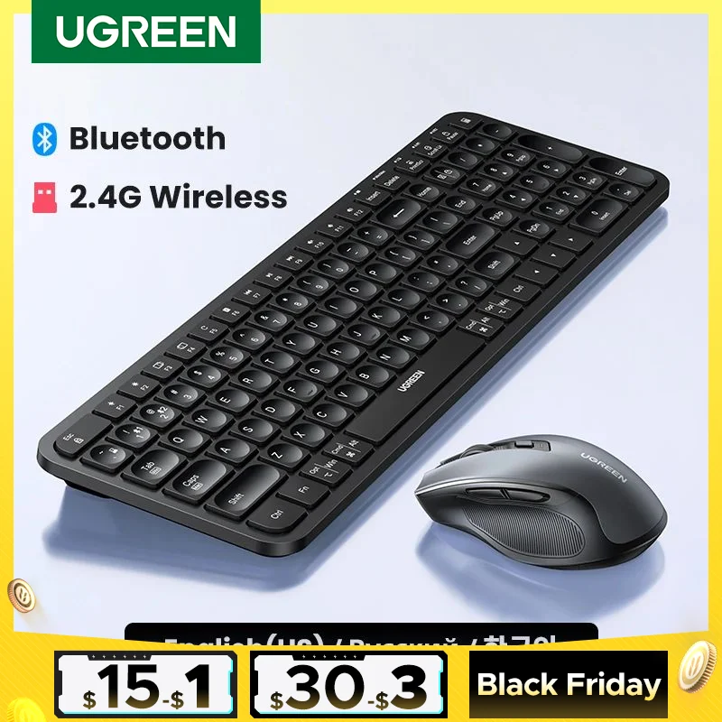 UGREEN Keyboard Wireless Bluetooth & 2.4GHz Russian/Korean/English Keycaps for Laptop MacBook iPad PC Tablet Bluetooth Keyboard