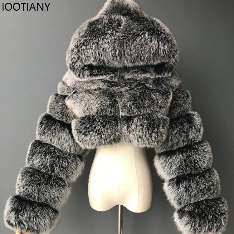 IOOTIANY Winter Women Furry Short Hooded Coat Faux Fur Coats Faux Fox Fur Long Sleeve Fur Coat Stitching Manteau Female New