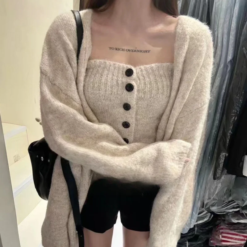 

Ladies' Knitted Cardigan And Tube Top Two-Piece Set Loose Sle Long Sve V-Neck Warm And Soft Autumn Winter Outfit
