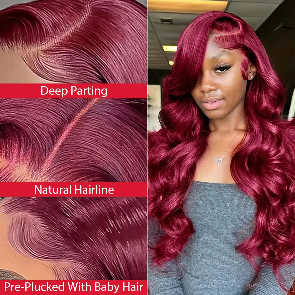 34 Inch 220 Density Body Wave Burgundy 13x6 Hd Frontal 100% Human Hair Wig for Women Brazilian Red 99j Lace Front Wigs on Sale