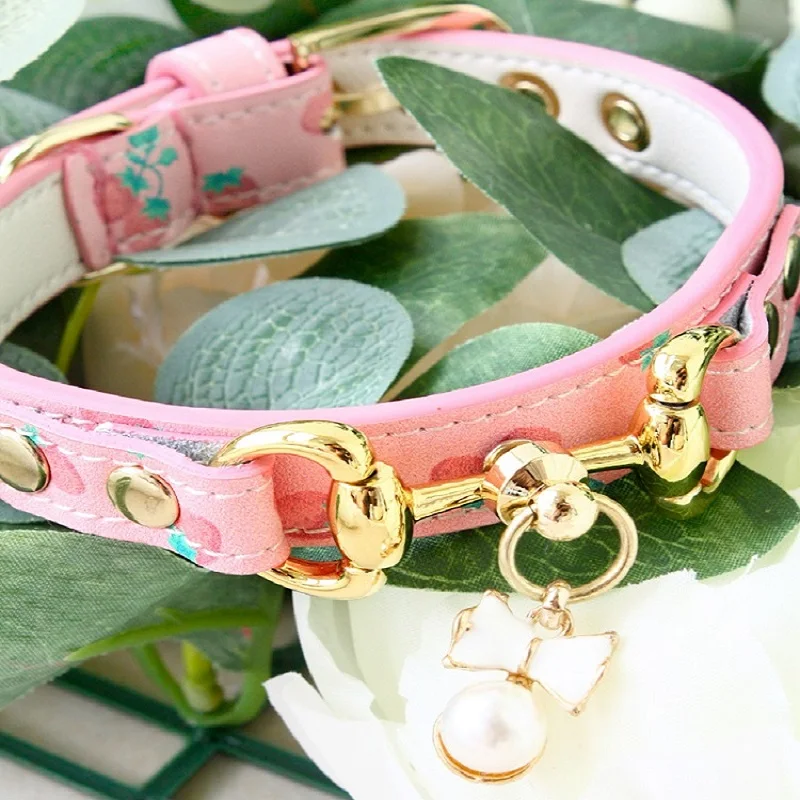 Dog Collar Leash Sets Pet Cat Accessories Premium Cowhide Calfskin Cow Leather Gilt Buckle Strawberry Pearl Pendant Customize