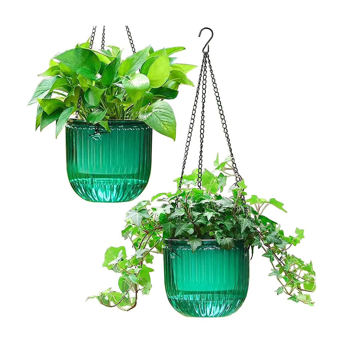 2 Pack Self Watering Indoor Hanging Flower Pots, 6.5 Inch Outdoor Hanging Plant Pot Basket (Emerald)