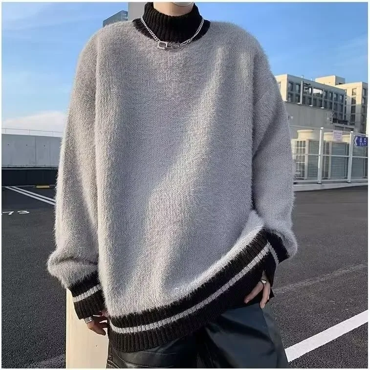 

Мужской повседневный вязаный свитер из меха кролика с высоким воротником, зимняя верхняя одежда большого размера, американский Sle, мягкое полиэфирное волокно