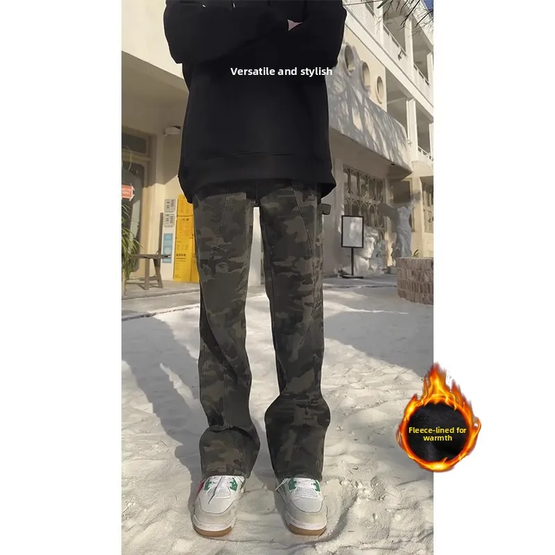 

Thickened Warm Camouflage Work Pants Men's Autumn Winter Style Cleanfit Handsome High Street Vibe Washed Straight Leg Pants