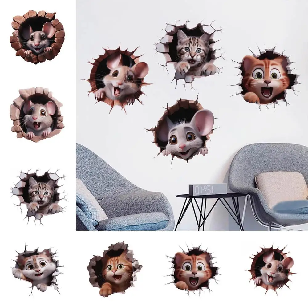 8 Styles 3D Mouse and Cat Stickers PVC Cute Mouse Hole Wall Sticke Removable 3D Self Adhesive Decals Home Decor