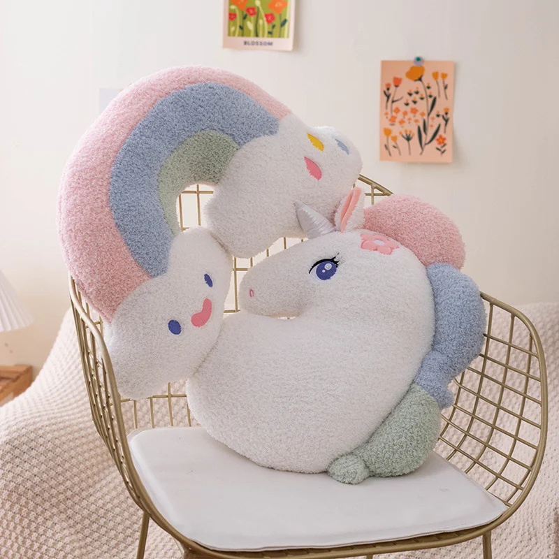 Almohada de felpa de arcoíris con corazón sonriente, cojín de juguete de unicornio colorido, cojín de calabaza para sofá, decoración del hogar